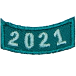 This cyan rocker curves upwards like a smile. The year number 2021 is embroidered in a bold font.