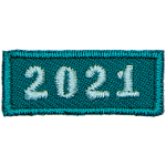 This 1.0 inch wide by 0.5 inch high rocker forms a straight-edged green rectangle. The year number 2021 is embroidered in a bold font.