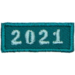 This 1.0 inch wide by 0.5 inch high rocker forms a straight-edged green rectangle. The year number 2021 is embroidered in a bold font.