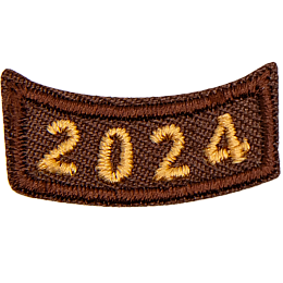 This brown rocker curves upwards like a smile. The year number 2024 is embroidered in a bold font.