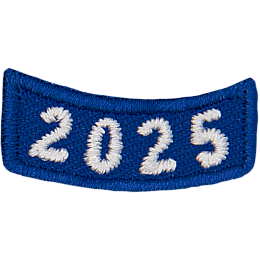 This 1-inch wide by 0.4-inches high rocker forms a straight-edged rectangle. The year number 2025 is embroidered in a bold font.