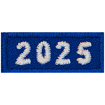 This 1-inch wide by 0.4-inches high rocker forms a straight-edged rectangle. The year number 2025 is embroidered in a bold font.