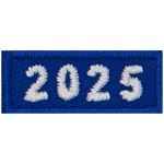 This 1-inch wide by 0.4-inches high rocker forms a straight-edged rectangle. The year number 2025 is embroidered in a bold font.