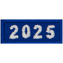 This 1-inch wide by 0.4-inches high rocker forms a straight-edged rectangle. The year number 2025 is embroidered in a bold font.