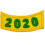 This yellow rocker curves upwards like a smile. The year number 2020 is embroidered in a bold font.