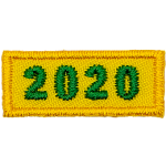 This 1.0 inch wide by 0.5 inch high rocker forms a straight-edged yellow rectangle. The year number 2020 is embroidered in a bold font.