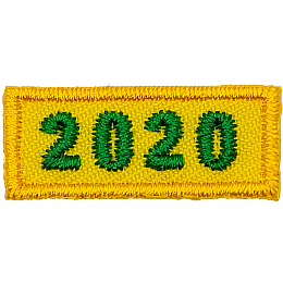 This 1.0 inch wide by 0.5 inch high rocker forms a straight-edged yellow rectangle. The year number 2020 is embroidered in a bold font.