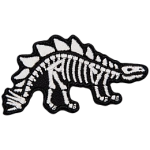 The skeleton of a Stegosaurus on a black background.
