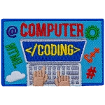 The words Computer Coding are on a top-down view of a laptop.