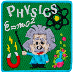 A chibi Einstien is surrounded by different sciences. Such as an atom, a magnet and the word Physics.