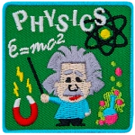 A chibi Einstien is surrounded by different sciences. Such as an atom, a magnet and the word Physics.
