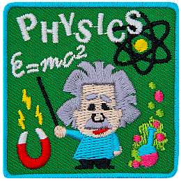 A chibi Einstien is surrounded by different sciences. Such as an atom, a magnet and the word Physics.