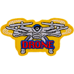 A quadcopter-style drone hovers on a yellow background. The word Drone is under the drone.