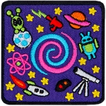 A blue and pink swirl is surrounded by different science tools. There is a rocket, an alien and even a ray gun.