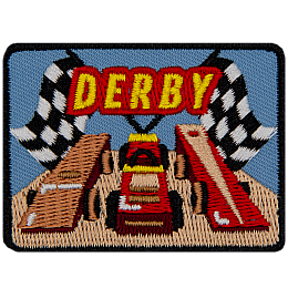 Two flags sit on either side of the word Derby and underneath are two go-kart launch tracks.