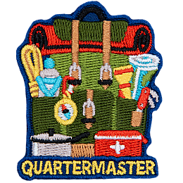 A backpack full of supplies with the word Quartermaster underneath it.