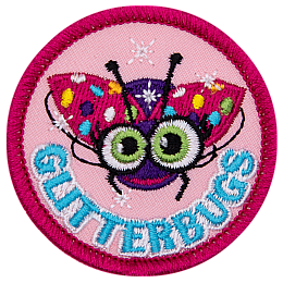 A sparkling ladybug with cartoon eyes and multicoloured spots. The word Glitterbugs is across the bottom.