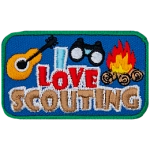 The words I Love Scouting below a guitar, binoculars and campfire.