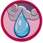 A raindrop falling from a grey cloud on a pink background.