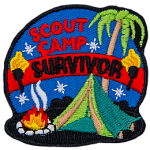 The words Scout Camp Survivor are above a green tent, a fire and a palm tree. 