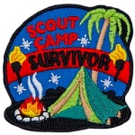 The words Scout Camp Survivor are above a green tent, a fire and a palm tree. 