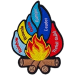 This 1 piece patch creates the image of a roaring campfire with multi-coloured flames shooting off. From left to right the flames represent Rainbow, Brownie, Guide, Ranger, Leader, and Trefoil Guild.