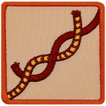 This square badge displays step one on how to make a square knot. Take the left end of the rope and put it over the right, then wrap it around the other side.