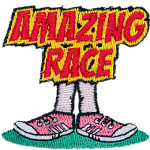 The words Amazing Race are above a pair of running shoes.