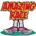 The words Amazing Race are above a pair of running shoes.