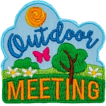 A summer day with a bush, a tree, and a butterfly below. The text Outdoor Meeting frames the top and bottom.