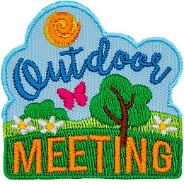 A summer day with a bush, a tree, and a butterfly below. The text Outdoor Meeting frames the top and bottom.