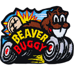 A beaver with wheels races forwards. The words Beaver Buggy are on the side.