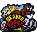 A beaver with wheels races forwards. The words Beaver Buggy are on the side.