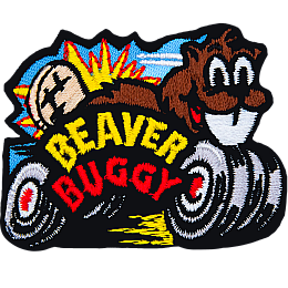 A beaver with wheels races forwards. The words Beaver Buggy are on the side.