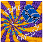 The words time capsule and a blue chest are overtop a swirling purple and orange spiral.