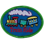 A train with an engine, coal car and passenger car is in the center. Train Ride is stitched below.