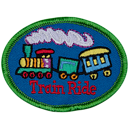 A train with an engine, coal car and passenger car is in the center. Train Ride is stitched below.