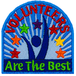 Volunteers Are The Best frame a cheering abstract person. Multicoloured stars arch around them.