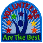 Volunteers Are The Best frame a cheering abstract person. Multicoloured stars arch around them.