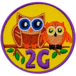 Two owls on a branch above the number and letter 2G.
