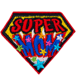 A gold, diamond-shaped patch has the words Super Mom on it. The word Mom is decorated with multicoloured stars.