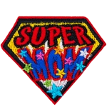 A gold, diamond-shaped patch has the words Super Mom on it. The word Mom is decorated with multicoloured stars.