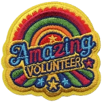 The words Amazing Volunteer surrounded by a green and red rainbow.