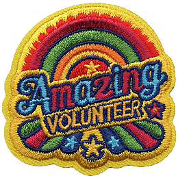 The words Amazing Volunteer surrounded by a green and red rainbow.