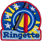 Two ringette sticks hold a ring above the word Ringette.