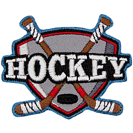 Two hockey sticks are crossed behind the word Hockey.