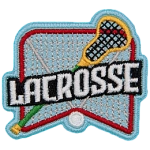 A lacrosse stick on top of a net under the word Lacrosse.