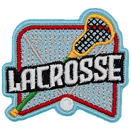 A lacrosse stick on top of a net under the word Lacrosse.