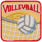 A white volleyball going over a net under the word Volleyball.