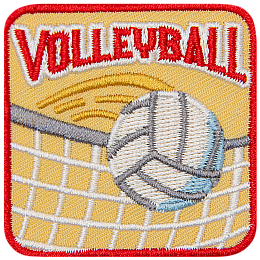 A white volleyball going over a net under the word Volleyball.